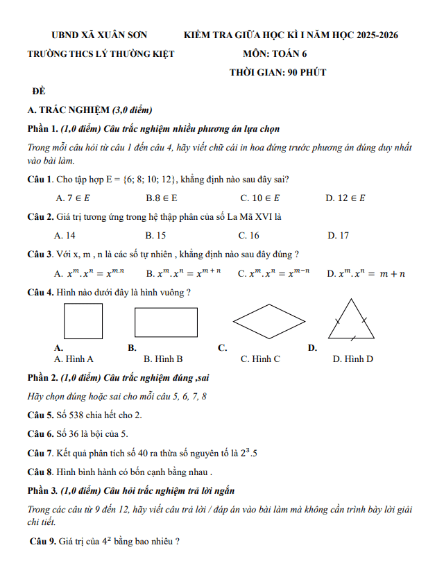 đề giữa học kì 1 toán 6 năm 2025 – 2026 trường thcs lý thường kiệt – tp hcm