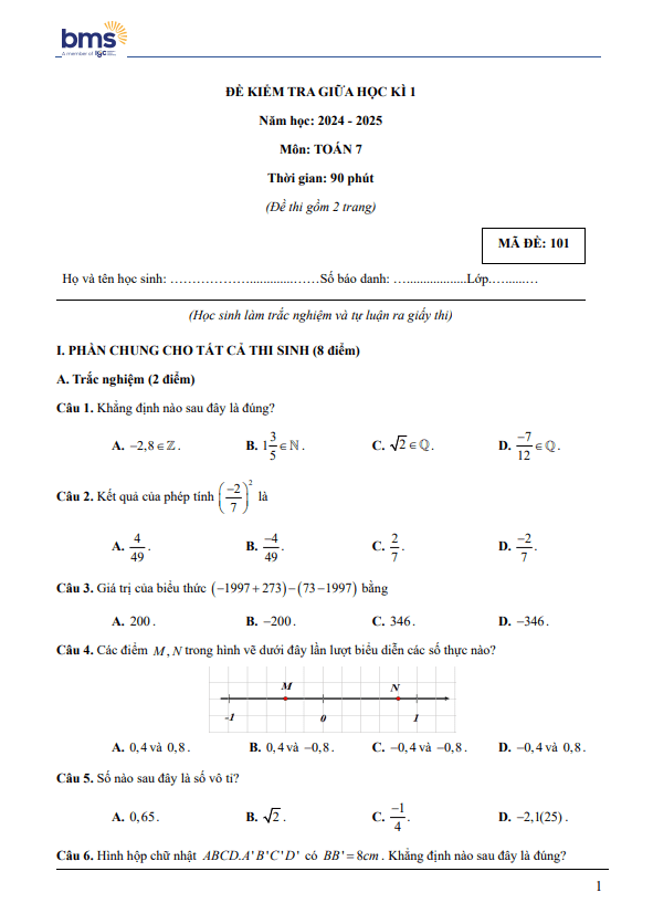 đề giữa học kì 1 toán 7 năm 2024 – 2025 trường ban mai school – hà nội