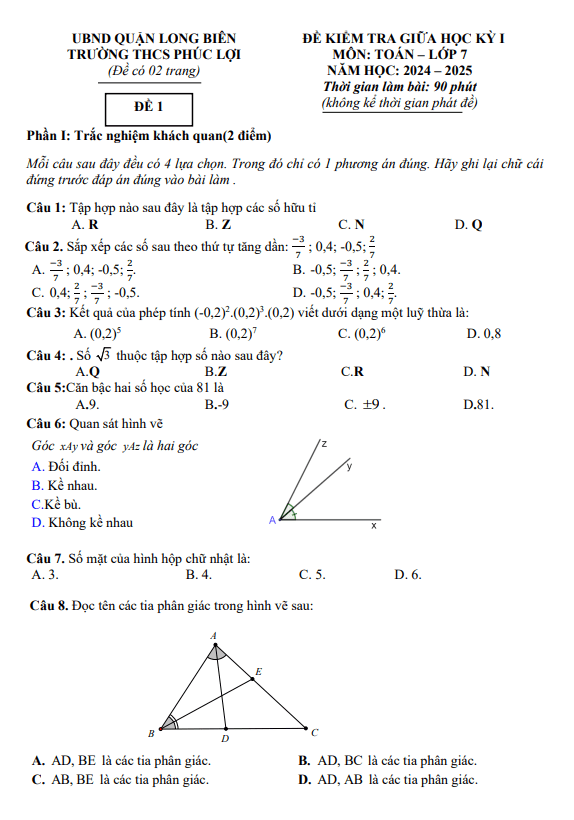 đề giữa học kì 1 toán 7 năm 2024 – 2025 trường thcs phúc lợi – hà nội