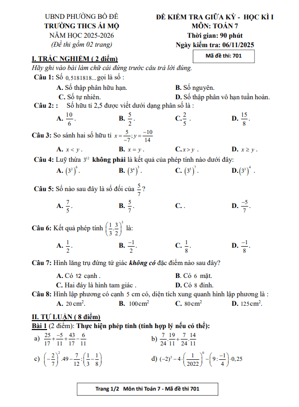 đề giữa học kì 1 toán 7 năm 2025 – 2026 trường thcs ái mộ – hà nội