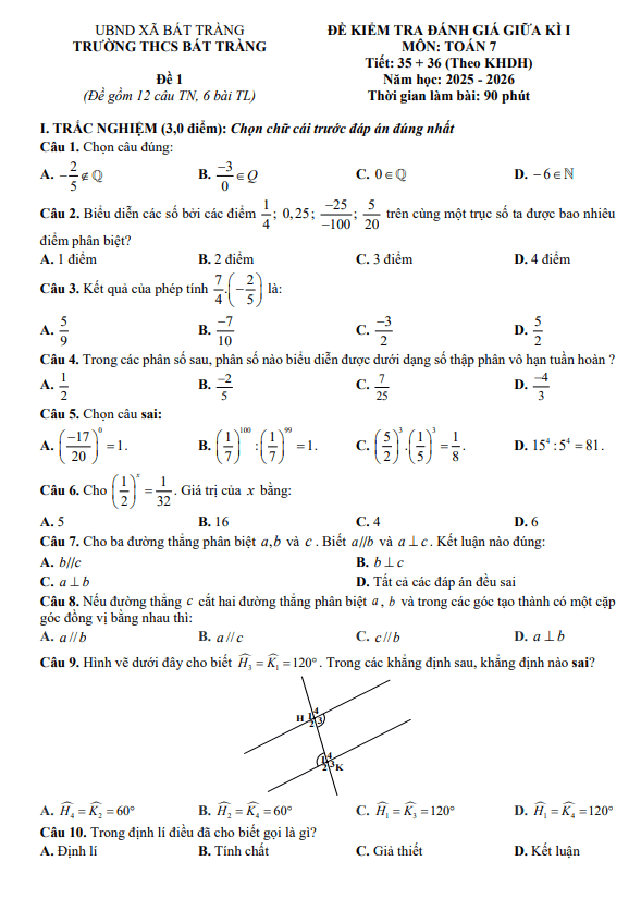 đề giữa học kì 1 toán 7 năm 2025 – 2026 trường thcs bát tràng – hà nội