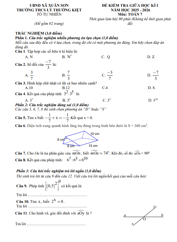 đề giữa học kì 1 toán 7 năm 2025 – 2026 trường thcs lý thường kiệt – tp hcm