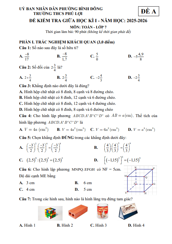 đề giữa học kì 1 toán 7 năm 2025 – 2026 trường thcs phú lợi – tp hcm