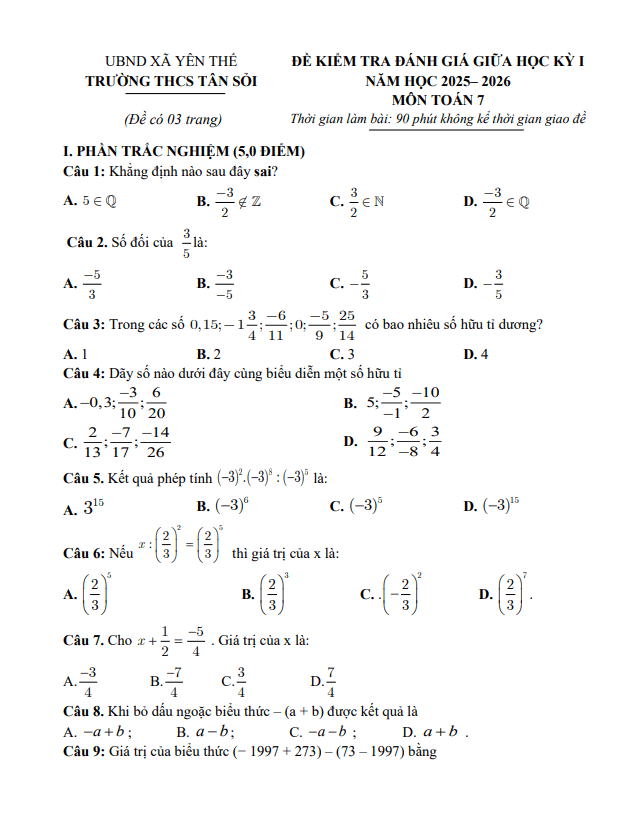 đề giữa học kì 1 toán 7 năm 2025 – 2026 trường thcs tân sỏi – bắc ninh