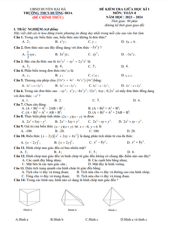 đề giữa học kì 1 toán 8 năm 2023 – 2024 trường thcs đường hoa – quảng ninh