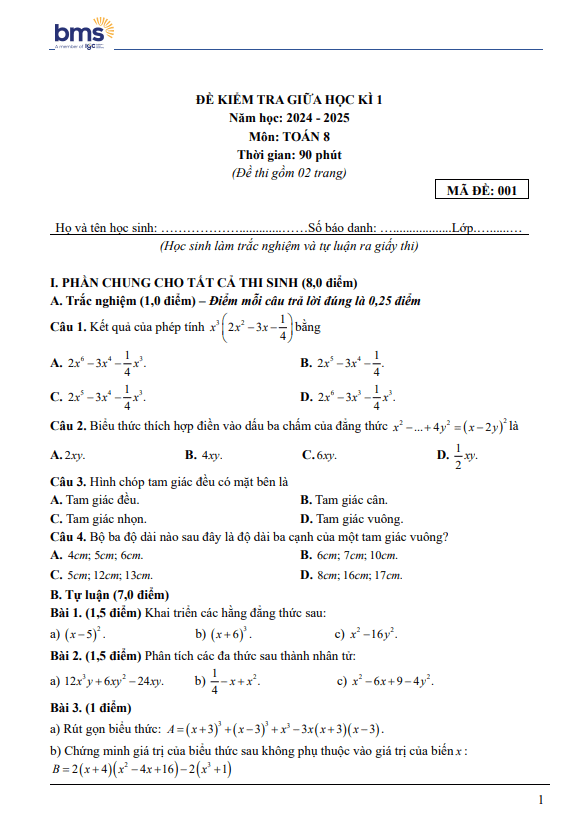 đề giữa học kì 1 toán 8 năm 2024 – 2025 trường ban mai school – hà nội