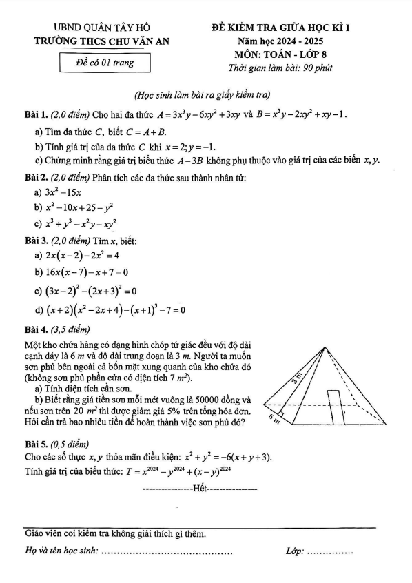 đề giữa học kì 1 toán 8 năm 2024 – 2025 trường thcs chu văn an – hà nội