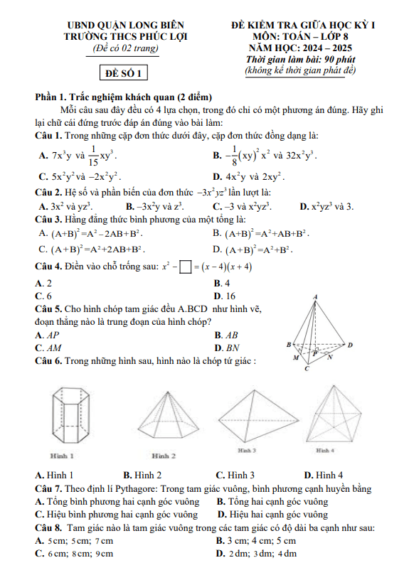 đề giữa học kì 1 toán 8 năm 2024 – 2025 trường thcs phúc lợi – hà nội