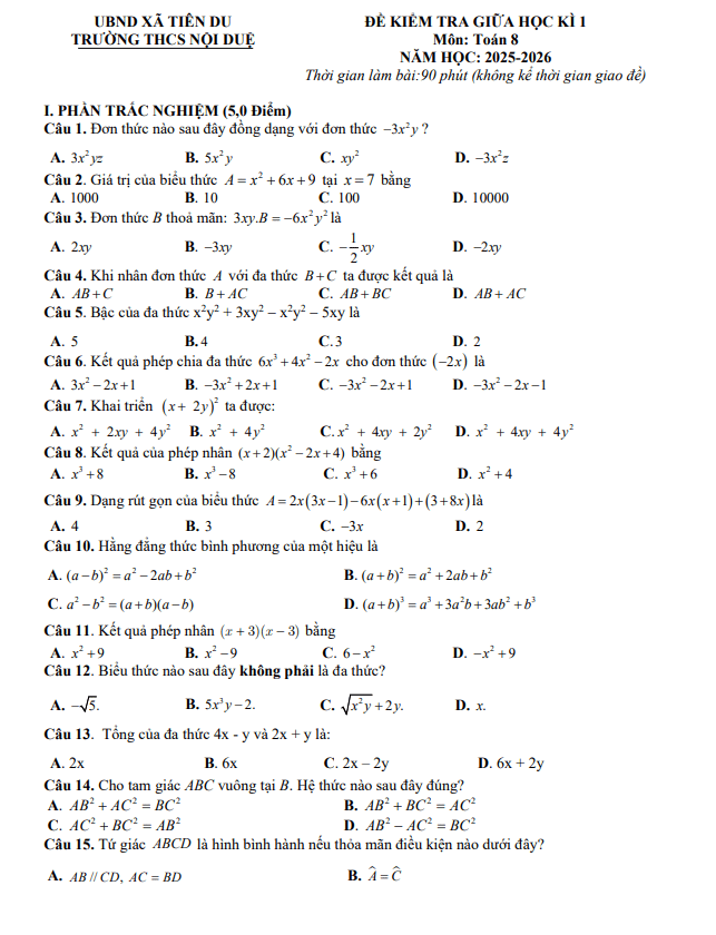 đề giữa học kì 1 toán 8 năm 2025 – 2026 trường thcs nội duệ – bắc ninh