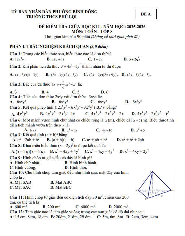 đề giữa học kì 1 toán 8 năm 2025 – 2026 trường thcs phú lợi – tp hcm