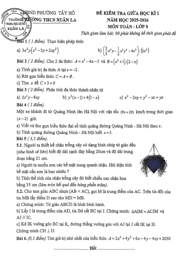 đề giữa học kì 1 toán 8 năm 2025 – 2026 trường thcs xuân la – hà nội