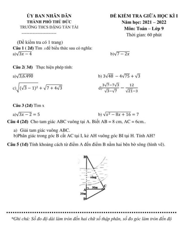 đề giữa học kì 1 toán 9 năm 2021 – 2022 trường thcs đặng tấn tài – tp hcm