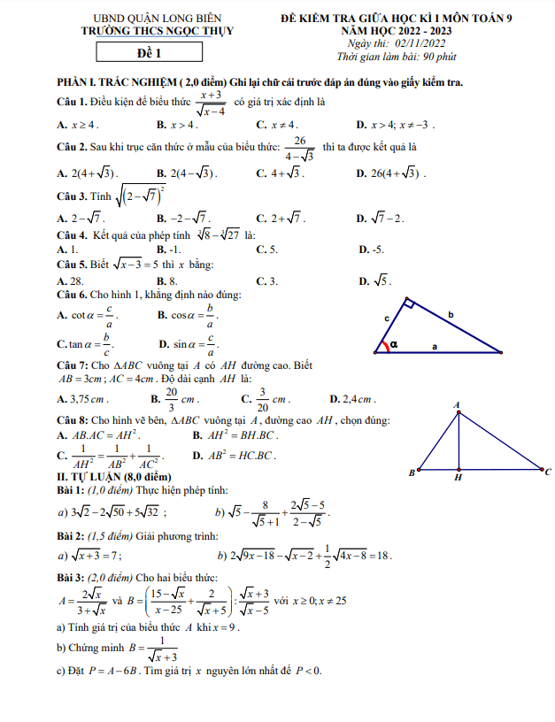 đề giữa học kì 1 toán 9 năm 2022 – 2023 trường thcs ngọc thụy – hà nội