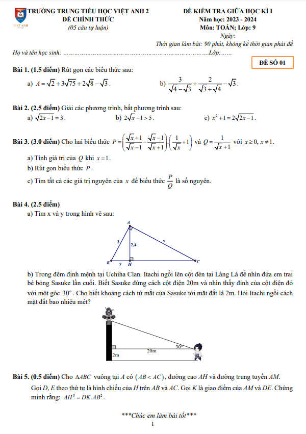 đề giữa học kì 1 toán 9 năm 2023 – 2024 trường việt anh 2 – bình dương