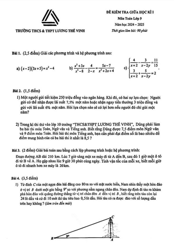 đề giữa học kì 1 toán 9 năm 2024 – 2025 trường lương thế vinh – hà nội