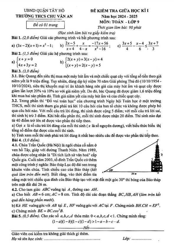 đề giữa học kì 1 toán 9 năm 2024 – 2025 trường thcs chu văn an – hà nội