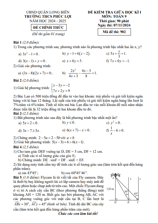đề giữa học kì 1 toán 9 năm 2024 – 2025 trường thcs phúc lợi – hà nội