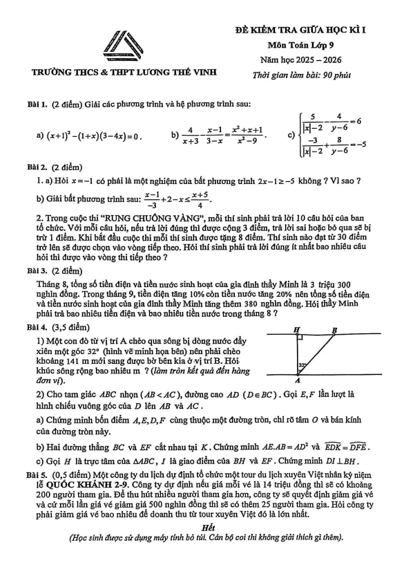 đề giữa học kì 1 toán 9 năm 2025 – 2026 trường lương thế vinh – hà nội