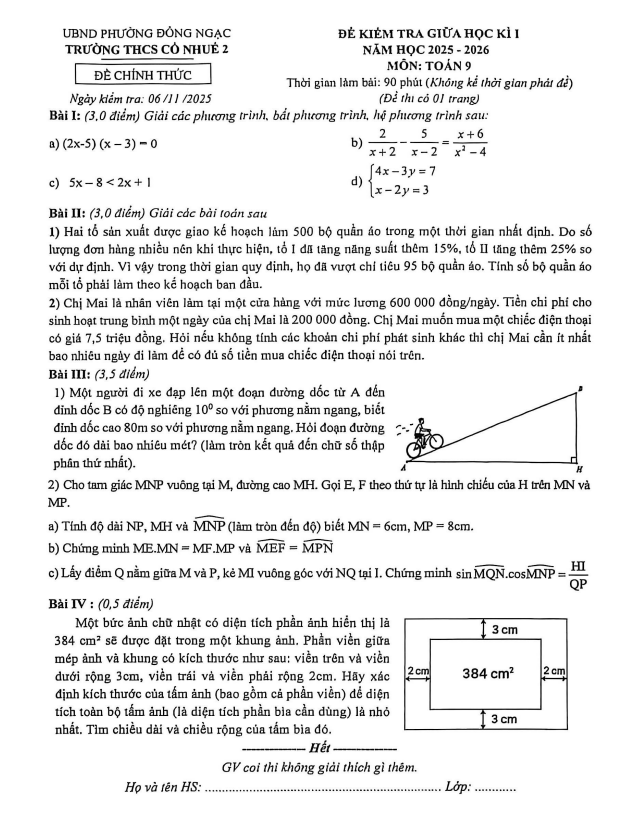đề giữa học kì 1 toán 9 năm 2025 – 2026 trường thcs cổ nhuế 2 – hà nội