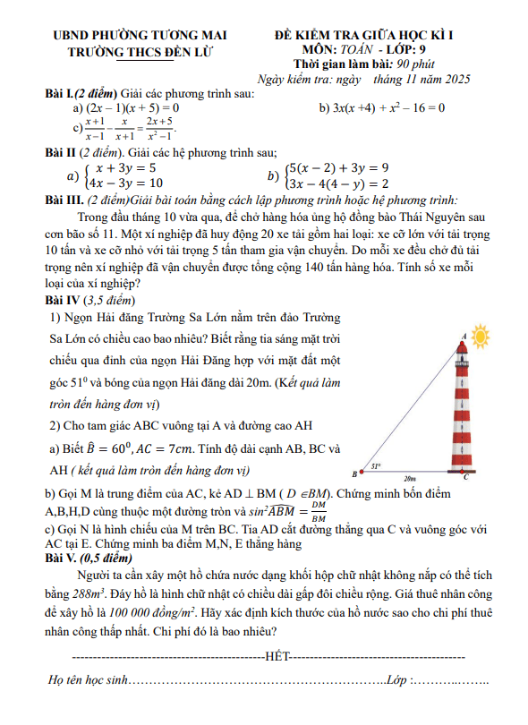 đề giữa học kì 1 toán 9 năm 2025 – 2026 trường thcs đền lừ – hà nội
