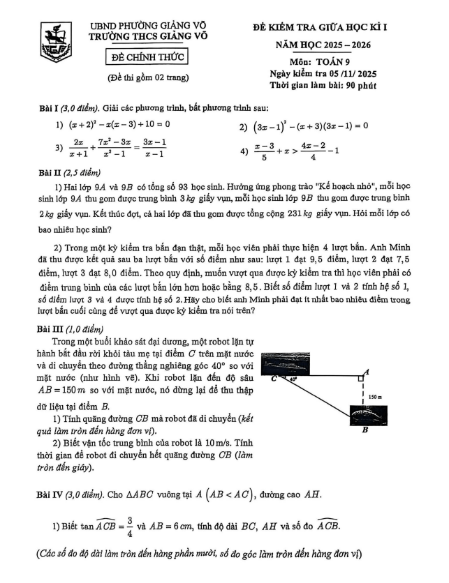 đề giữa học kì 1 toán 9 năm 2025 – 2026 trường thcs giảng võ – hà nội