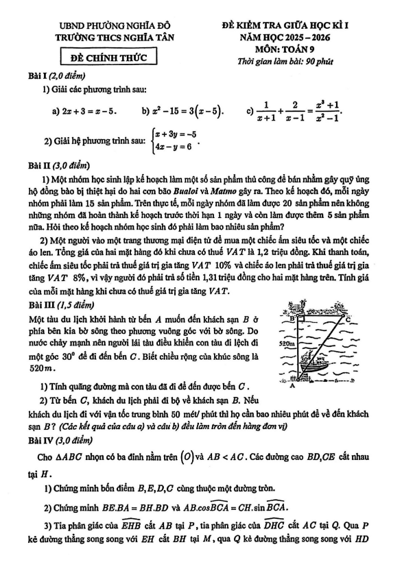 đề giữa học kì 1 toán 9 năm 2025 – 2026 trường thcs nghĩa tân – hà nội
