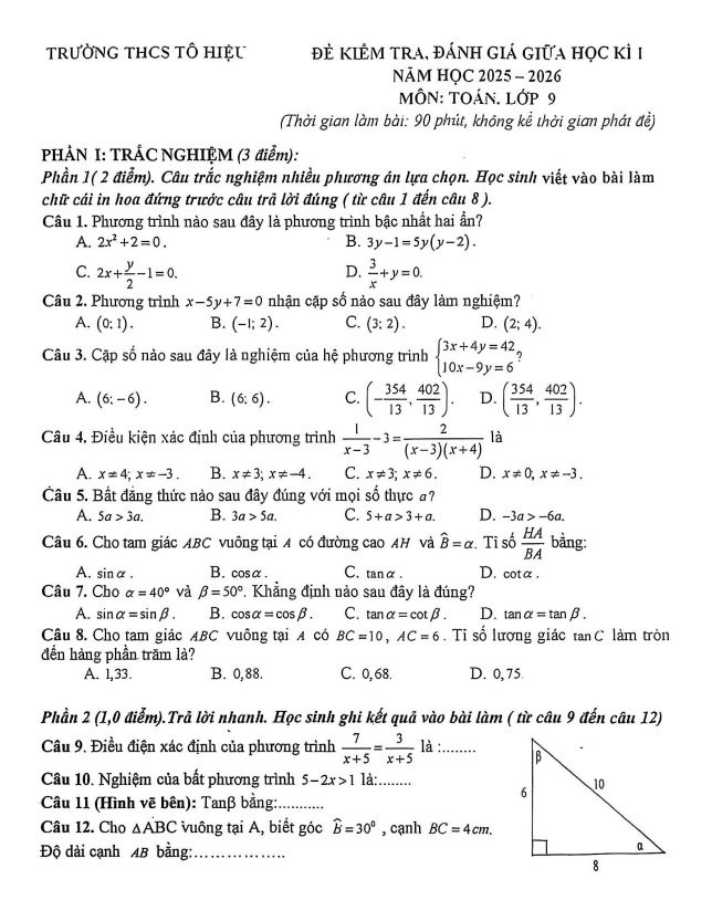 đề giữa học kì 1 toán 9 năm 2025 – 2026 trường thcs tô hiệu – phú thọ