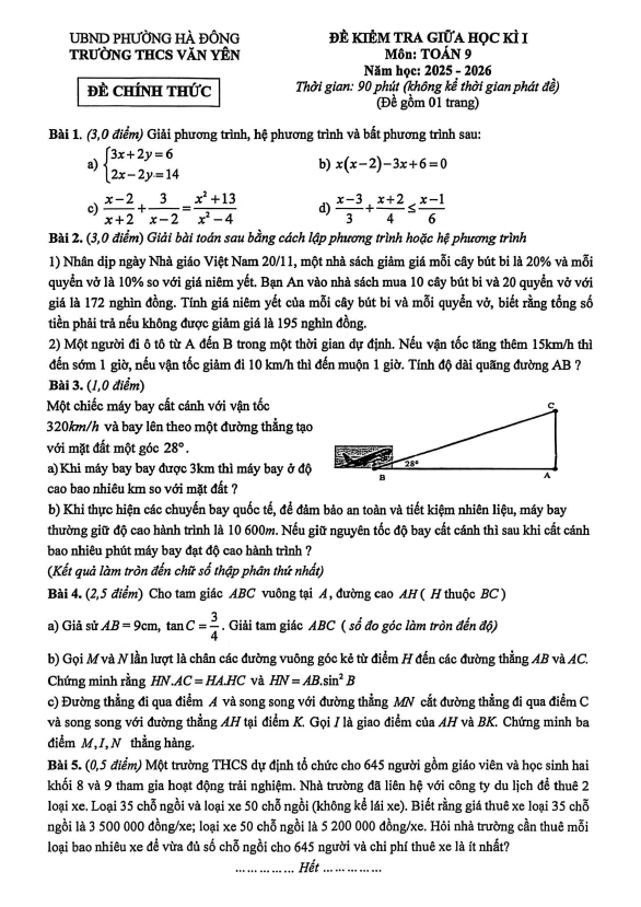 đề giữa học kì 1 toán 9 năm 2025 – 2026 trường thcs văn yên – hà nội