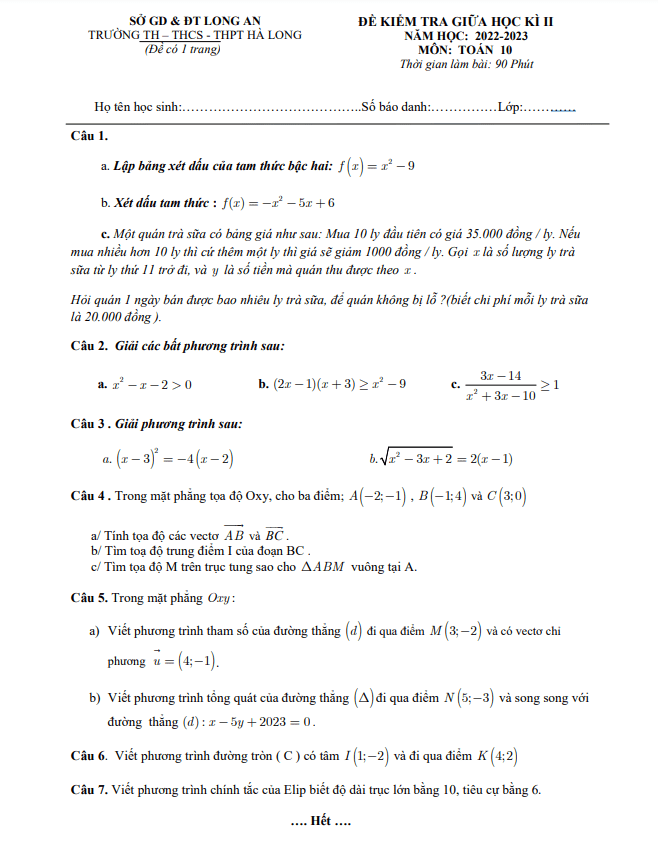 đề giữa học kì 2 toán 10 năm 2022 – 2023 trường hà long – long an