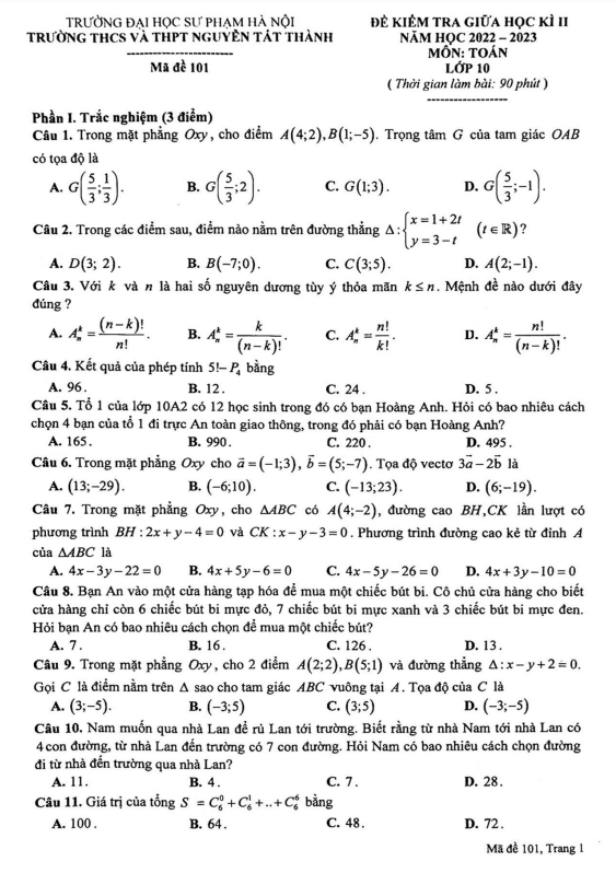 đề giữa học kì 2 toán 10 năm 2022 – 2023 trường nguyễn tất thành – hà nội