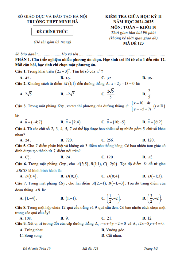 đề giữa học kì 2 toán 10 năm 2024 – 2025 trường thpt minh hà – hà nội