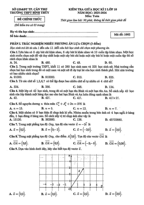 đề giữa học kì 2 toán 10 năm 2025 – 2026 trường thpt bình thủy – cần thơ