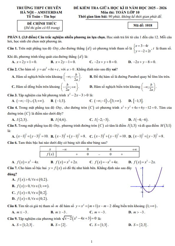 đề giữa học kì 2 toán 10 năm 2025 – 2026 trường thpt chuyên hà nội – amsterdam