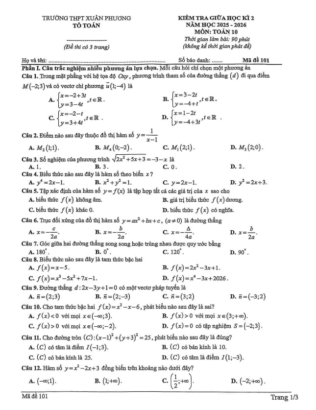 đề giữa học kì 2 toán 10 năm 2025 – 2026 trường thpt xuân phương – hà nội