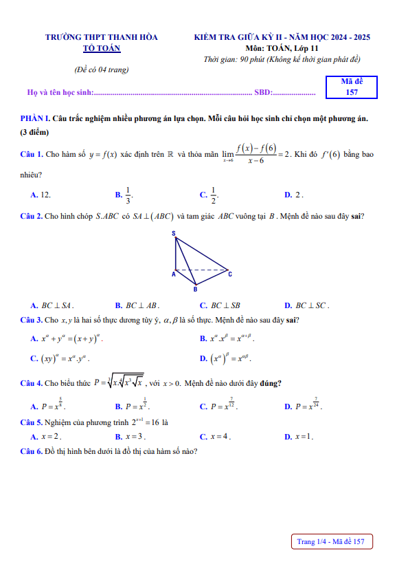 đề giữa học kì 2 toán 11 năm 2024 – 2025 trường thpt thanh hòa – bình phước