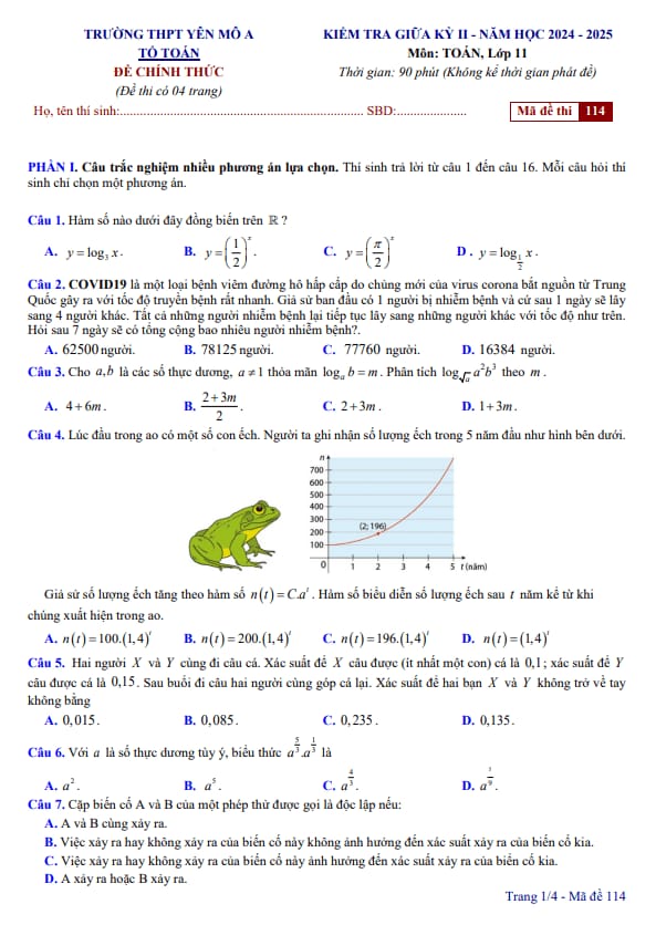 đề giữa học kì 2 toán 11 năm 2024 – 2025 trường thpt yên mô a – ninh bình