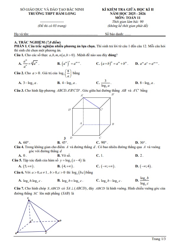 đề giữa học kì 2 toán 11 năm 2025 – 2026 trường thpt hàm long – bắc ninh