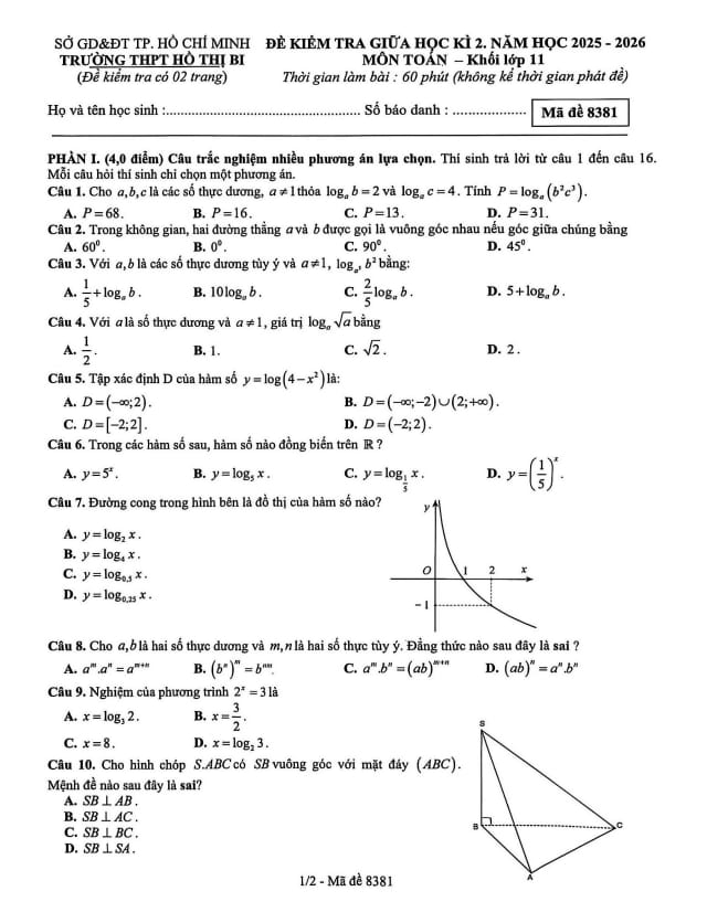 đề giữa học kì 2 toán 11 năm 2025 – 2026 trường thpt hồ thị bi – tp hcm
