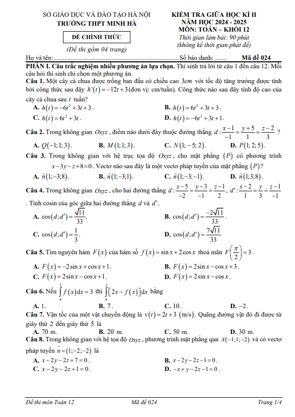 đề giữa học kì 2 toán 12 năm 2024 – 2025 trường thpt minh hà – hà nội