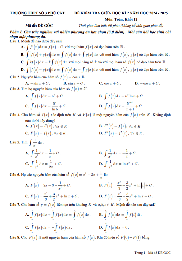 đề giữa học kì 2 toán 12 năm 2024 – 2025 trường thpt phù cát 3 – bình định