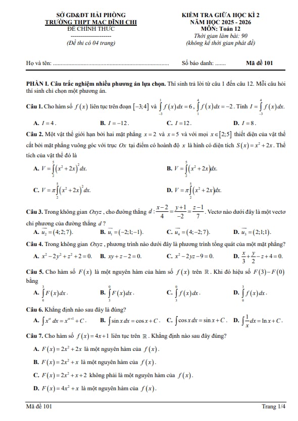 đề giữa học kì 2 toán 12 năm 2025 – 2026 trường thpt mạc đĩnh chi – hải phòng