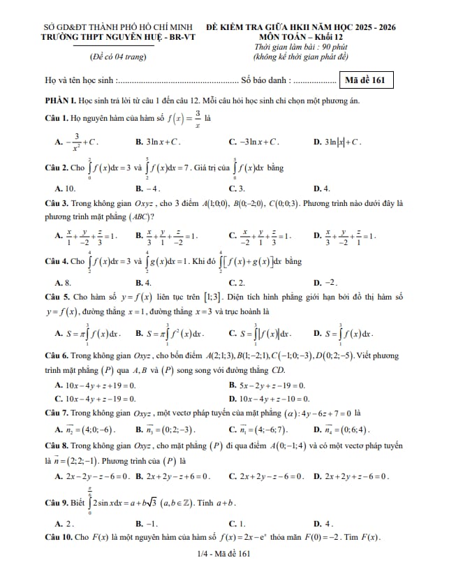 đề giữa học kì 2 toán 12 năm 2025 – 2026 trường thpt nguyễn huệ – tp hcm