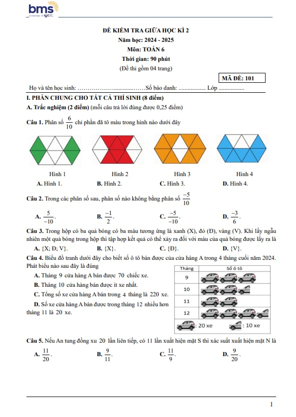 đề giữa học kì 2 toán 6 năm 2024 – 2025 trường ban mai school – hà nội