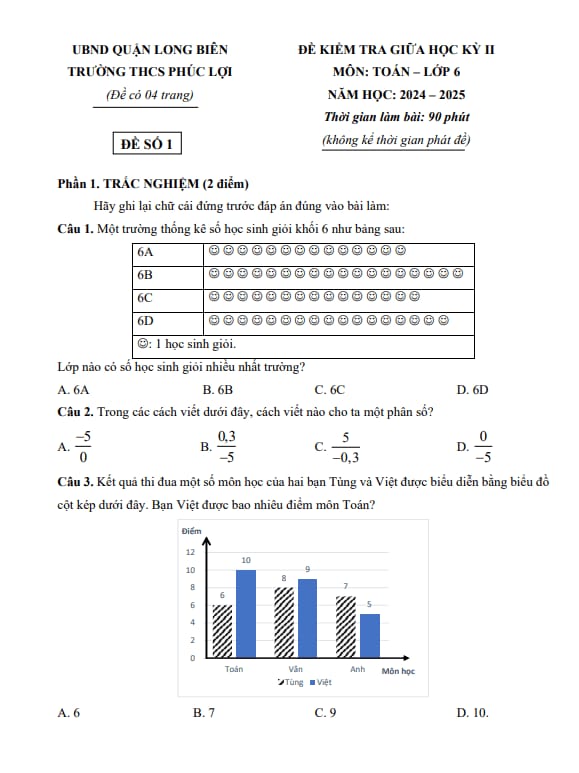 đề giữa học kì 2 toán 6 năm 2024 – 2025 trường thcs phúc lợi – hà nội