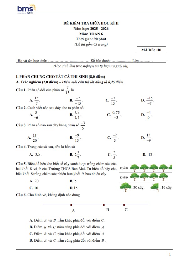 đề giữa học kì 2 toán 6 năm 2025 – 2026 trường ban mai school – hà nội
