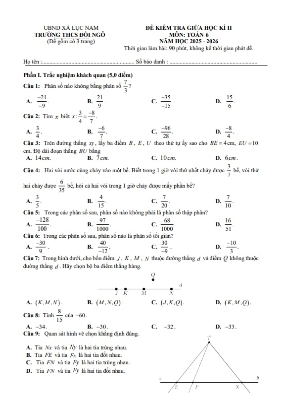 đề giữa học kì 2 toán 6 năm 2025 – 2026 trường thcs đồi ngô – bắc ninh