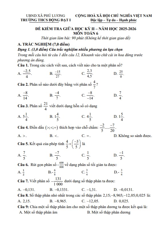 đề giữa học kì 2 toán 6 năm 2025 – 2026 trường thcs động đạt 1 – thái nguyên