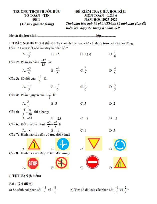 đề giữa học kì 2 toán 6 năm 2025 – 2026 trường thcs phước bửu – tp hcm