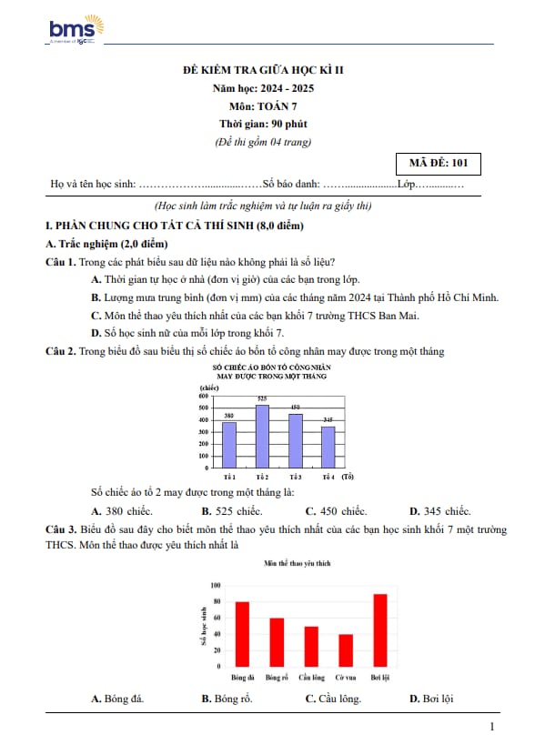 đề giữa học kì 2 toán 7 năm 2024 – 2025 trường ban mai school – hà nội