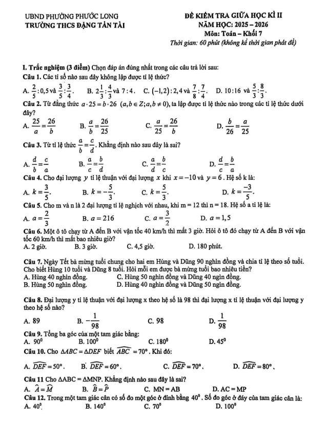 đề giữa học kì 2 toán 7 năm 2025 – 2026 trường thcs đặng tấn tài – tp hcm